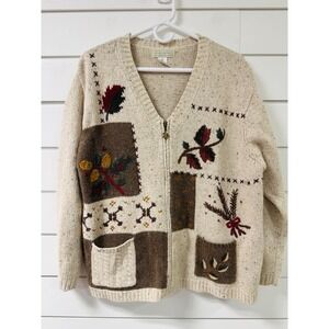 Studio Works Vintage Oatmeal Speckled Fall Patchwork Zip Cardigan Sweater XL